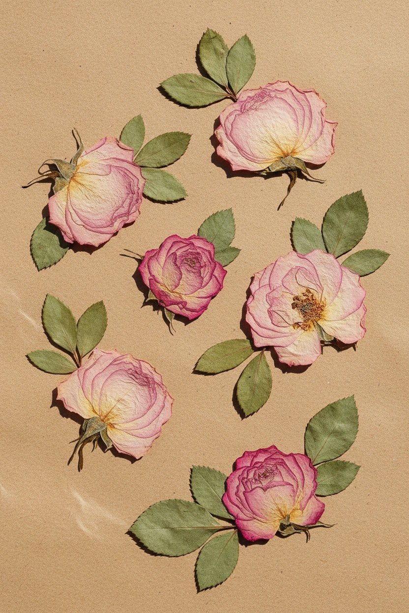 Pembe kurutulmuş güller ve yapraklar
